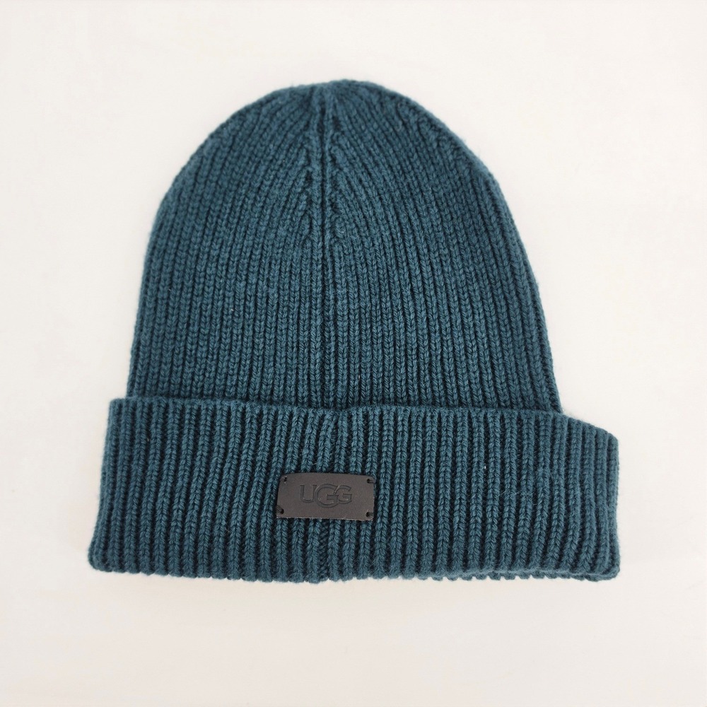 UGG Australia Beanie Hat Mens OS Teal Blue Ribbed Knit Cuffed Logo Patch Winter